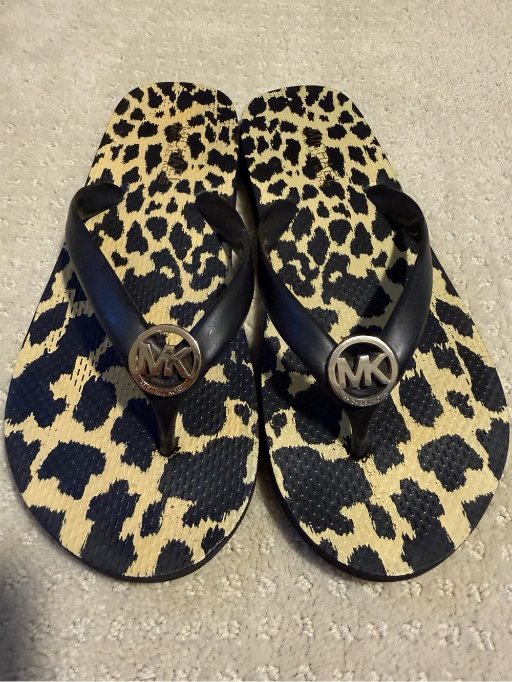 Michael Kors Leopard Print MK Logo Flip Flops - Black & Tan